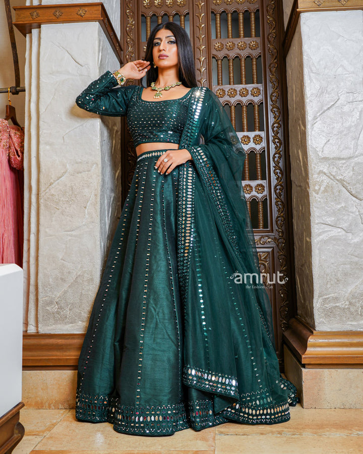 Bottle Green Mirror Work Embroidered Lehenga Set With Dupatta