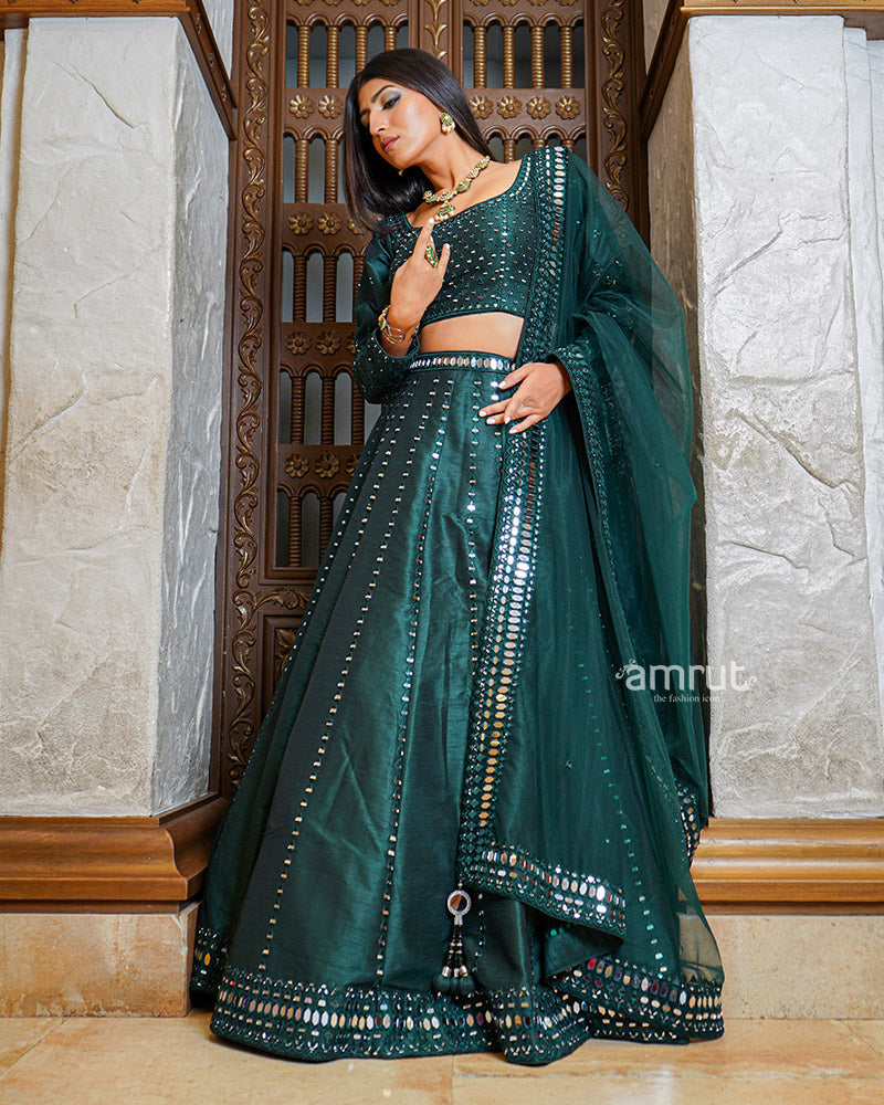 Bottle Green Mirror Work Embroidered Lehenga Set With Dupatta