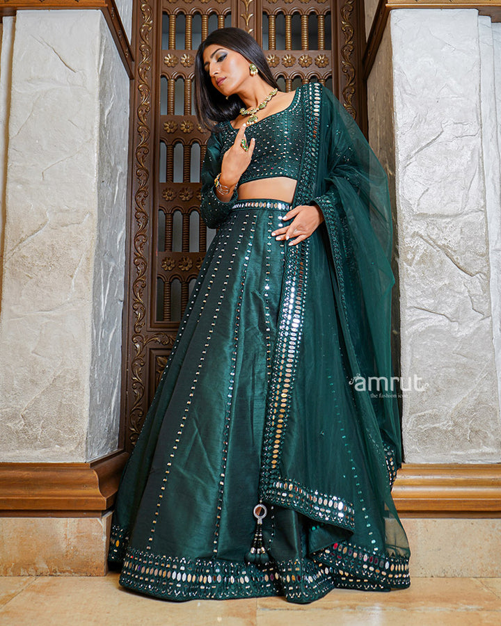 Bottle Green Mirror Work Embroidered Lehenga Set With Dupatta