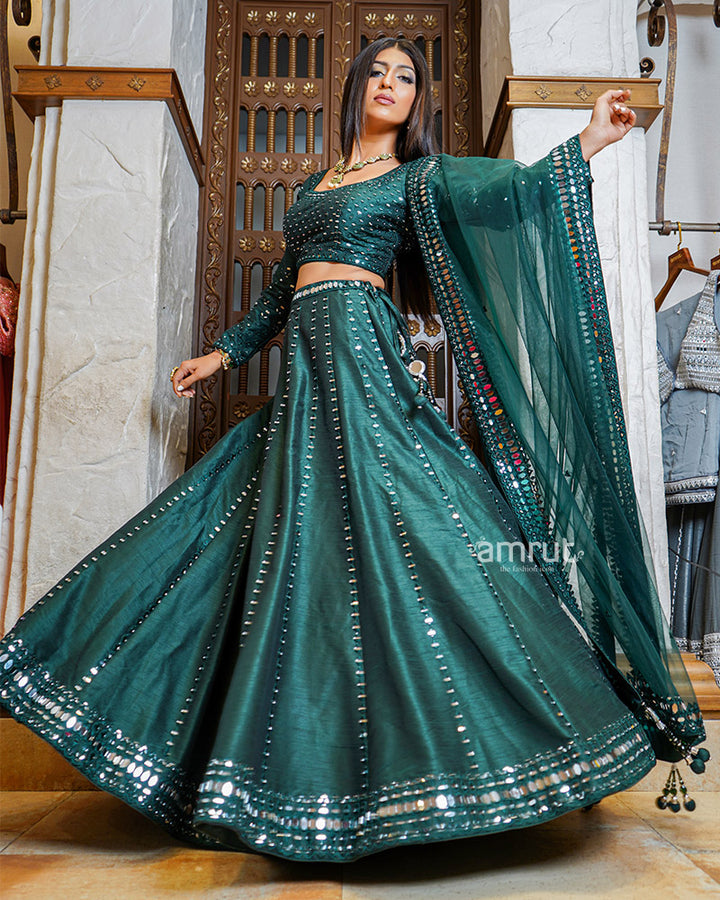 Bottle Green Mirror Work Embroidered Lehenga Set With Dupatta