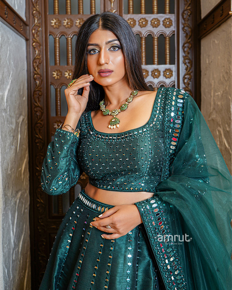 Bottle Green Mirror Work Embroidered Lehenga Set With Dupatta