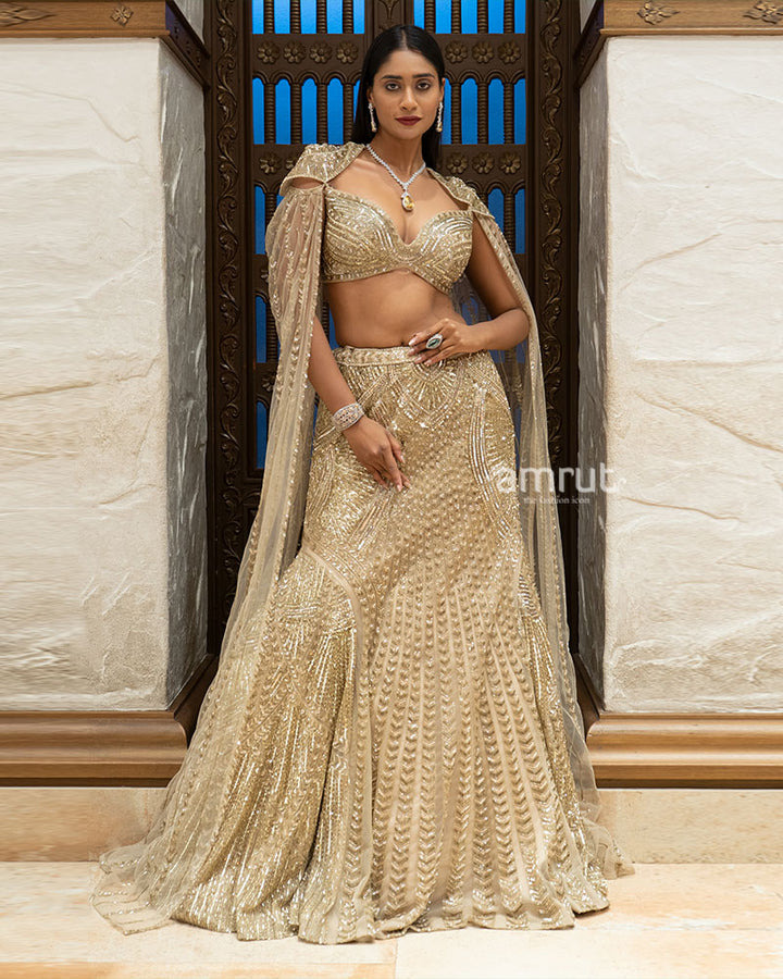 Champagne Gold Mermaid Style Sculpted Glamour Lehenga Set 01
