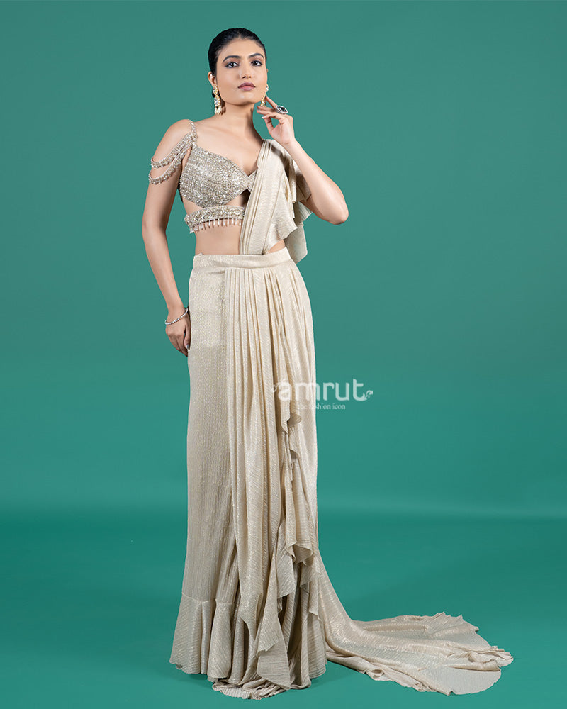 Champagne Gold Ruffle Drape Saree with Embellished Cold-Shoulder Blouse 04