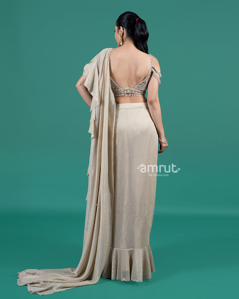 Champagne Gold Ruffle Drape Saree with Embellished Cold-Shoulder Blouse 05