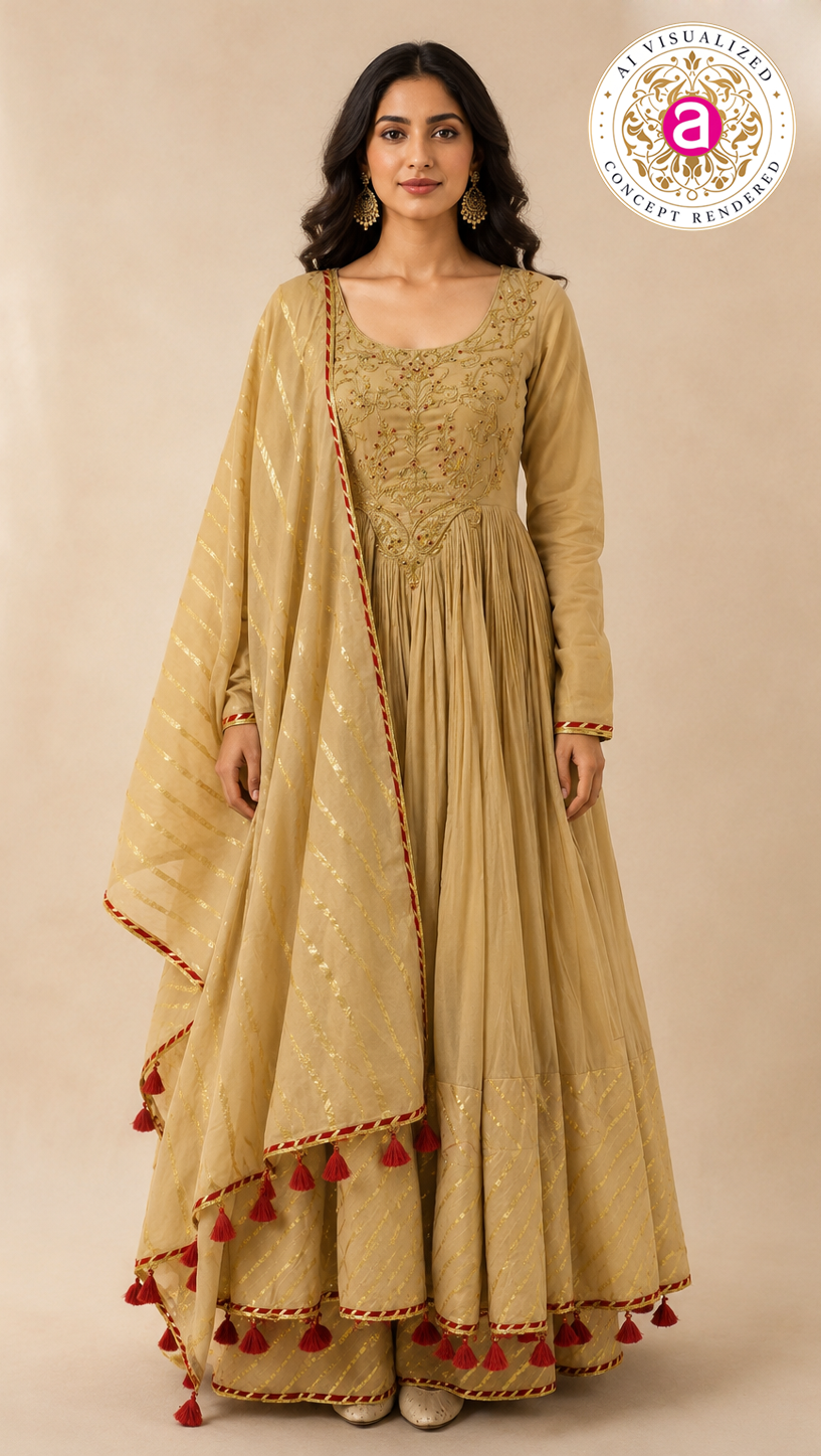 Beige Embroidered Anarkali Suit Set with Tassel Dupatta – AMRUT
