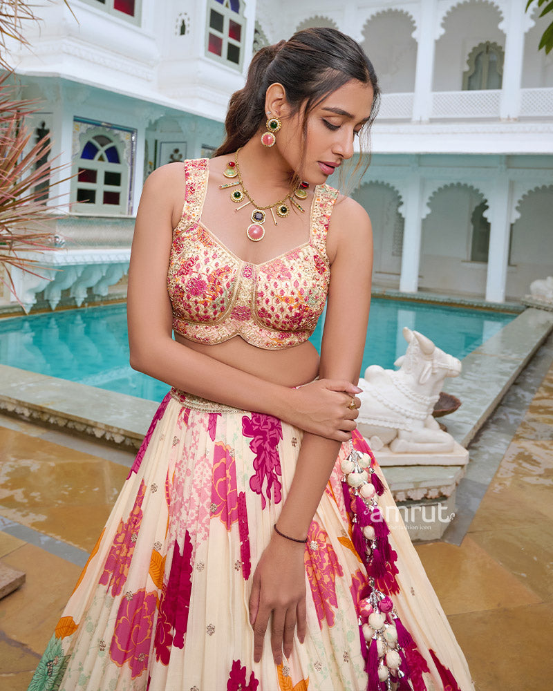 Cream Floral Print Lehenga Choli with Delicate Pink Dupatta 02