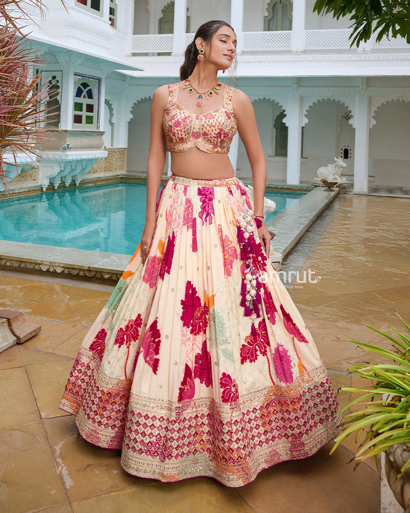 Cream Floral Print Lehenga Choli with Delicate Pink Dupatta 03