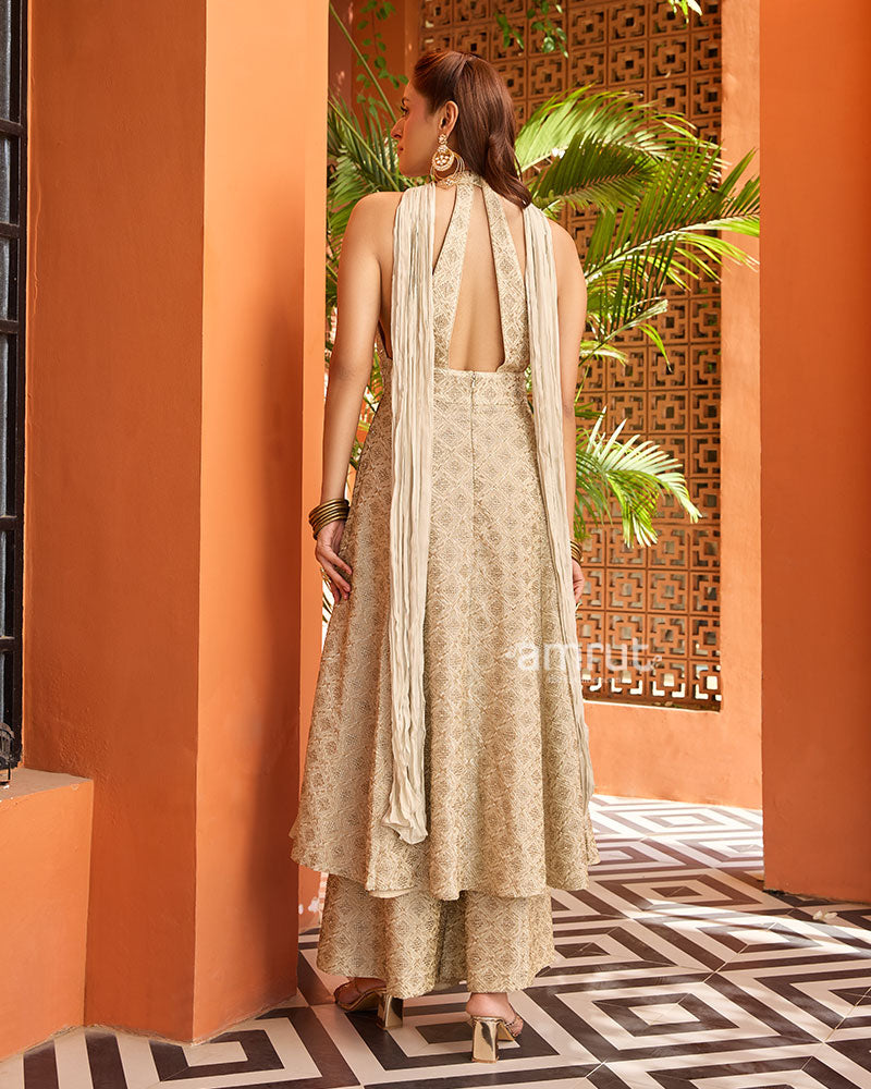 Cream Palazzo Style Silk Salwar Suit With Dupatta 05