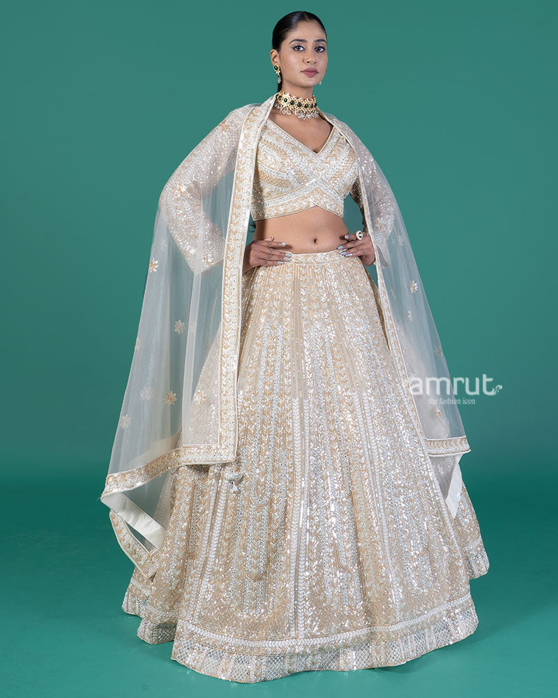 Cream Sequined Lehenga Choli with Dupatta 01
