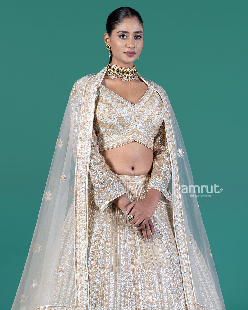 Cream Sequined Lehenga Choli with Dupatta 02