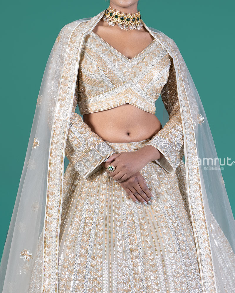 Cream Sequined Lehenga Choli with Dupatta 03
