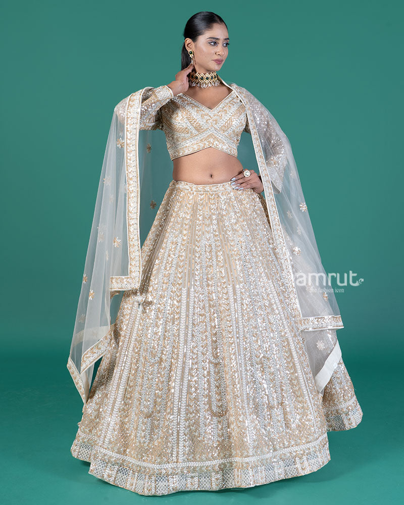 Cream Sequined Lehenga Choli with Dupatta 04
