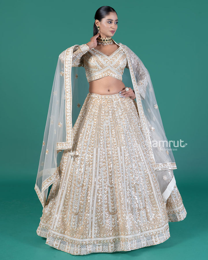 Cream Sequined Lehenga Choli with Dupatta 04