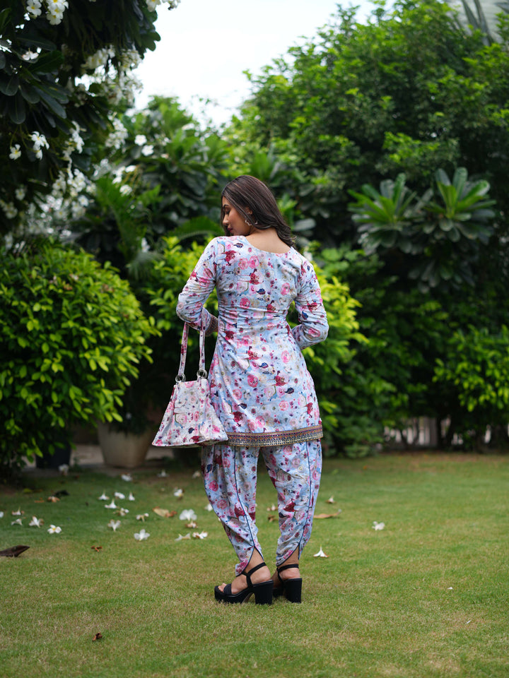 Soft Blue Floral Kurta-Pant Set with Coordinated Handbag
