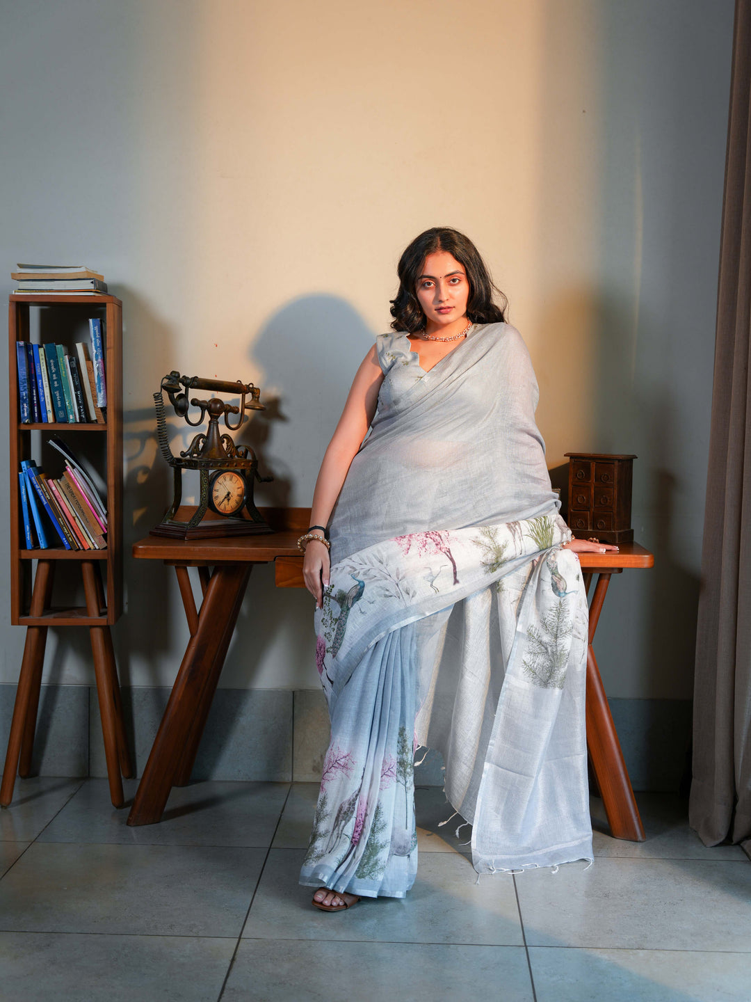 Soft Grey Linen Blend Saree with Artistic Peacock Digital Print Unstitched Blouse