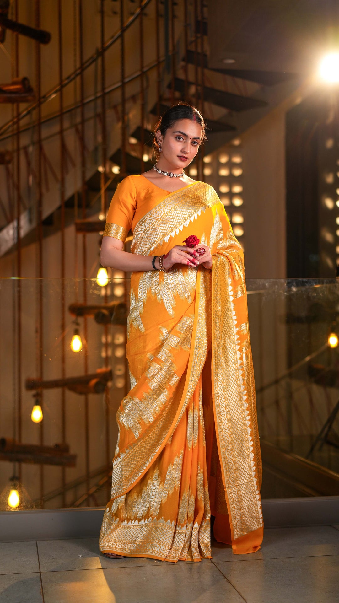 Mustard Yellow Khaddi Georgette Saree Silver Zari with Unstitched Blouse