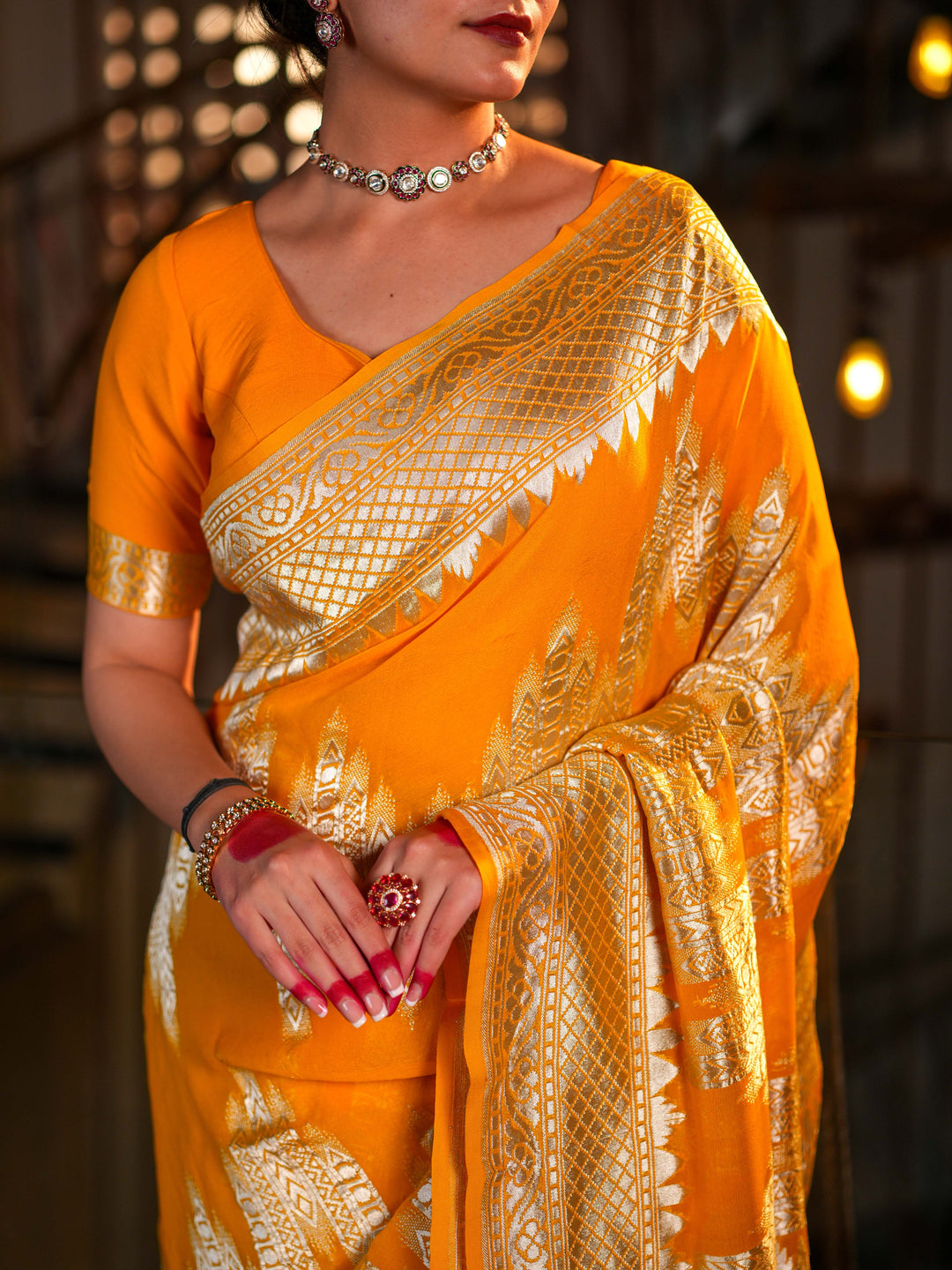 Mustard Yellow Khaddi Georgette Saree Silver Zari with Unstitched Blouse