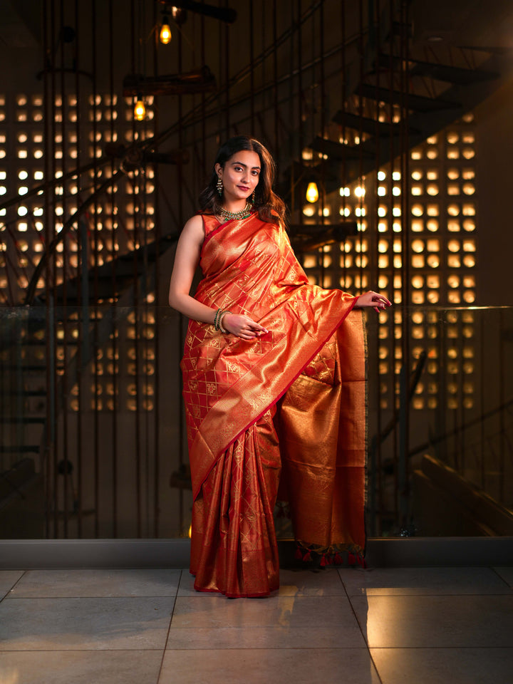 Radiant Red-Orange Kanjivaram Silk Saree  Gold Zari with Unstitched Blouse