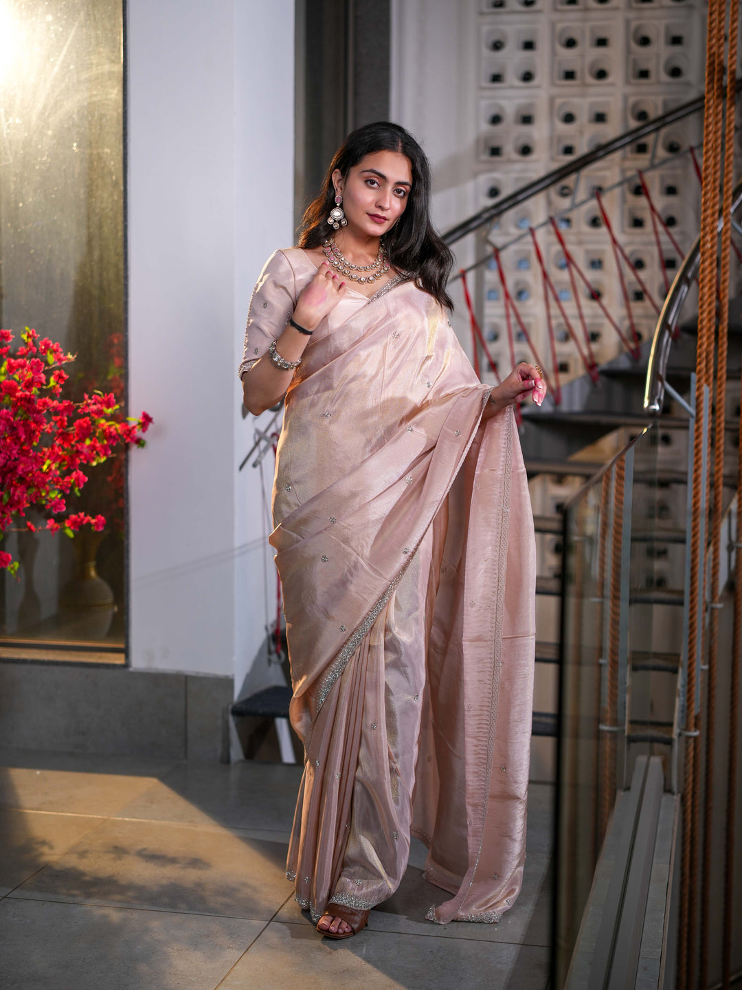 Dusty Pink Tissue Crepe Silk Saree with Delicate Embellishments Unstitched Blouse