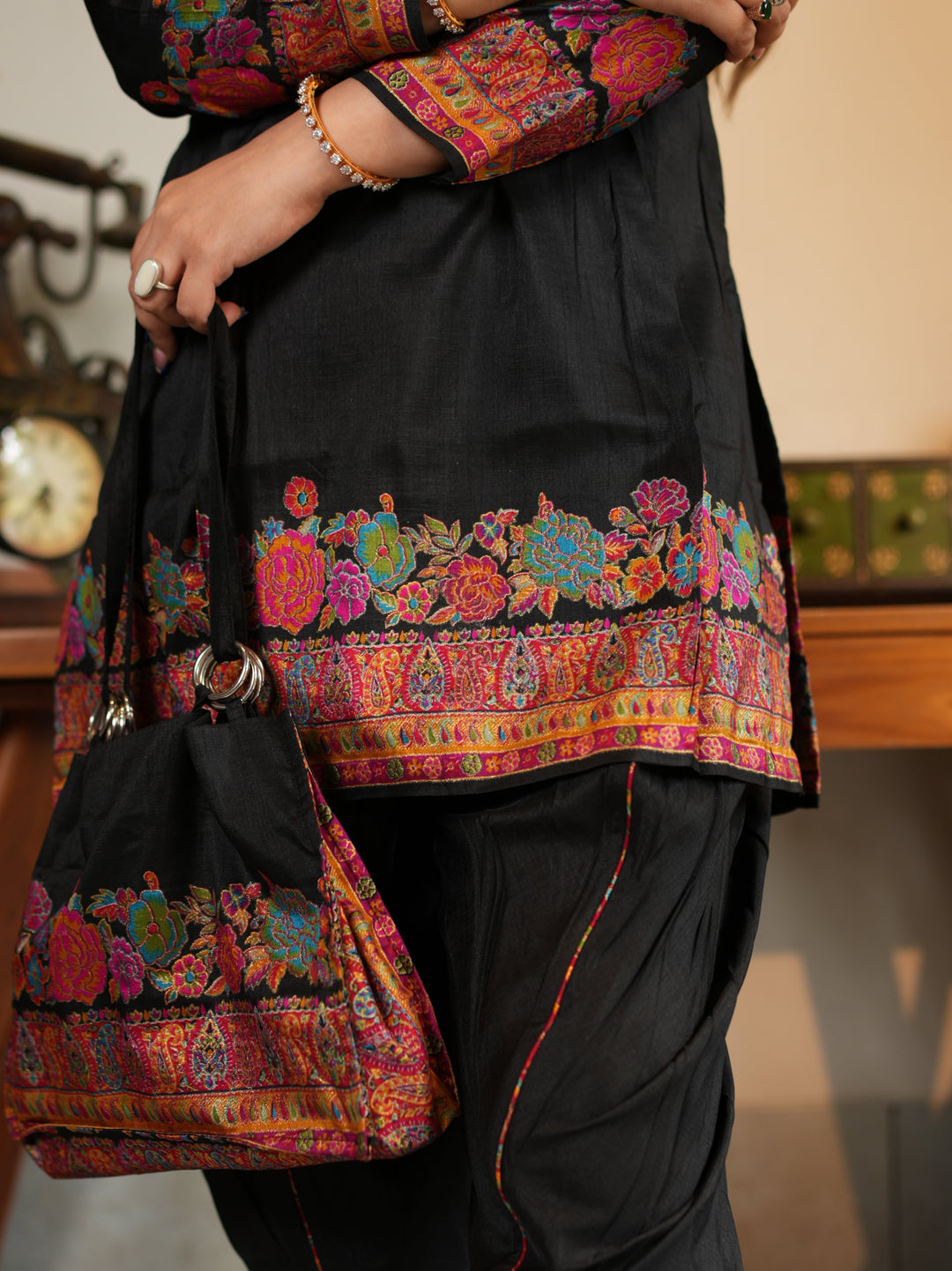Midnight Kashmiri Embroidered Suit Set with Matching Bag