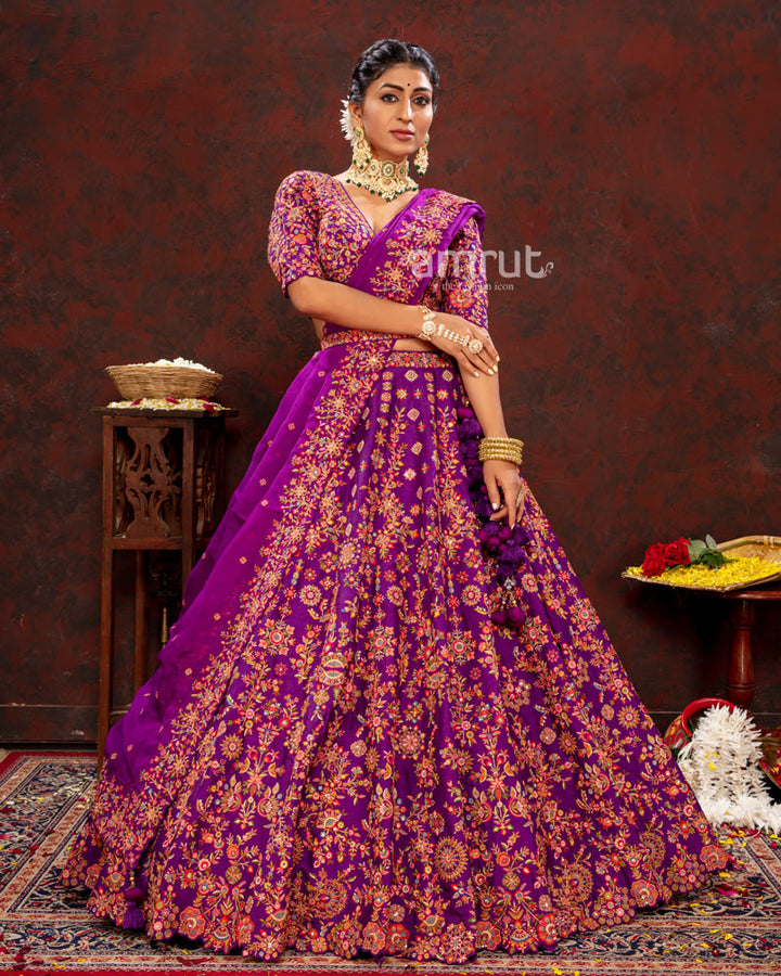 Dark Orchid Floral Embroidered  Lehenga Choli With Dupatta