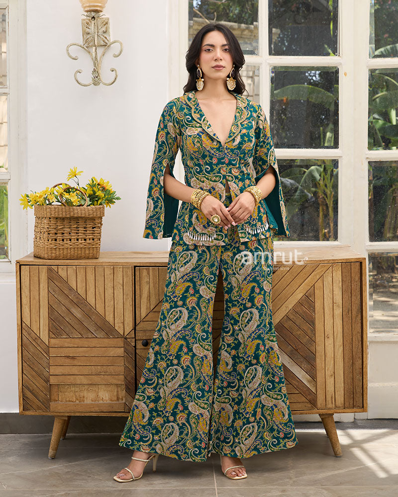 Deep Green Paisley Printed Indo-Western Set XL Deep Green Paisley Printed Indo-Western Set XL