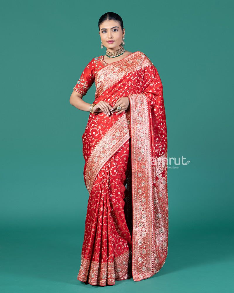 Deep Red Silk Saree with Traditional Floral Embroidery and Zari Work Borders 01