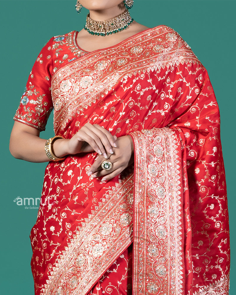 Deep Red Silk Saree with Traditional Floral Embroidery and Zari Work Borders 03