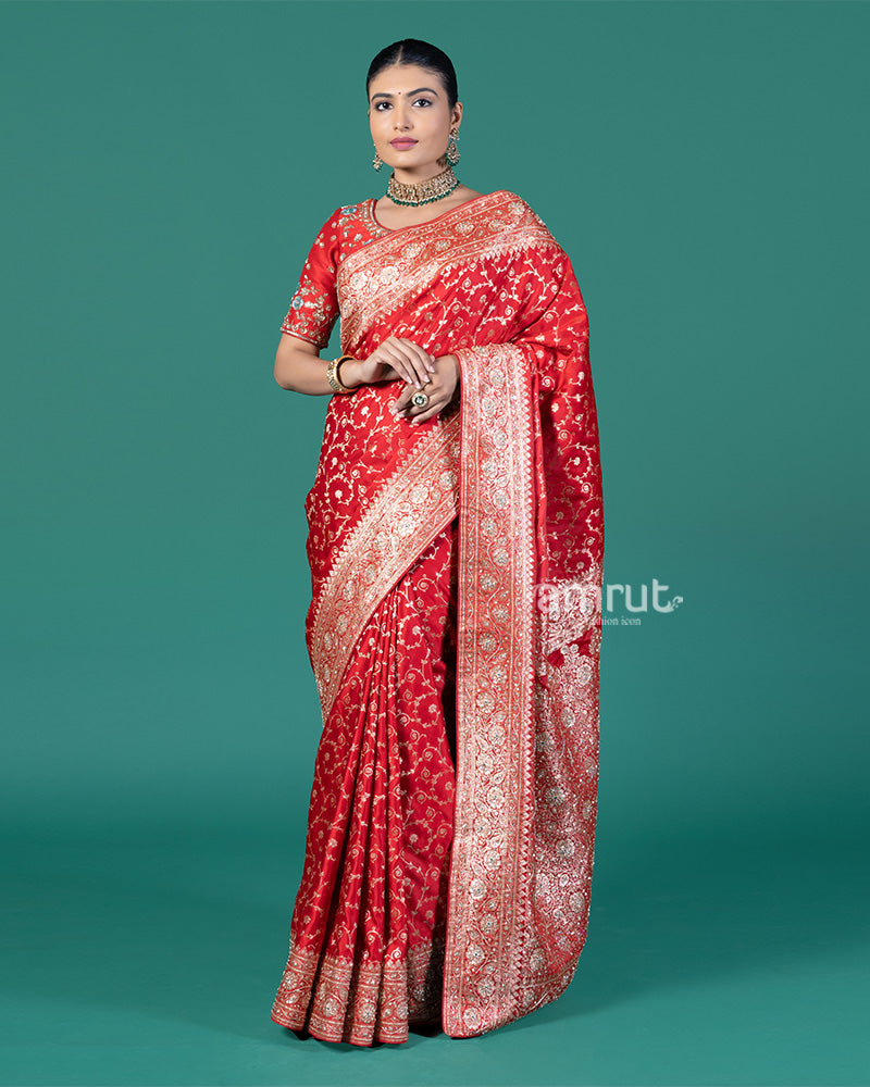 Deep Red Silk Saree with Traditional Floral Embroidery and Zari Work Borders 04