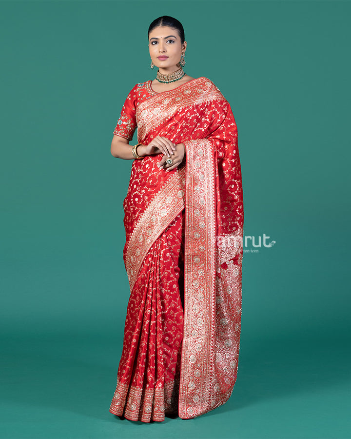 Deep Red Silk Saree with Traditional Floral Embroidery and Zari Work Borders 04