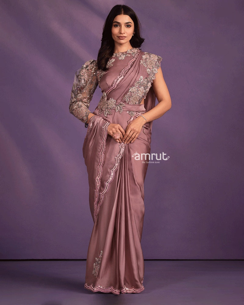 Dusty Rose Crepe Satin Silk Saree with Readymade Blouse