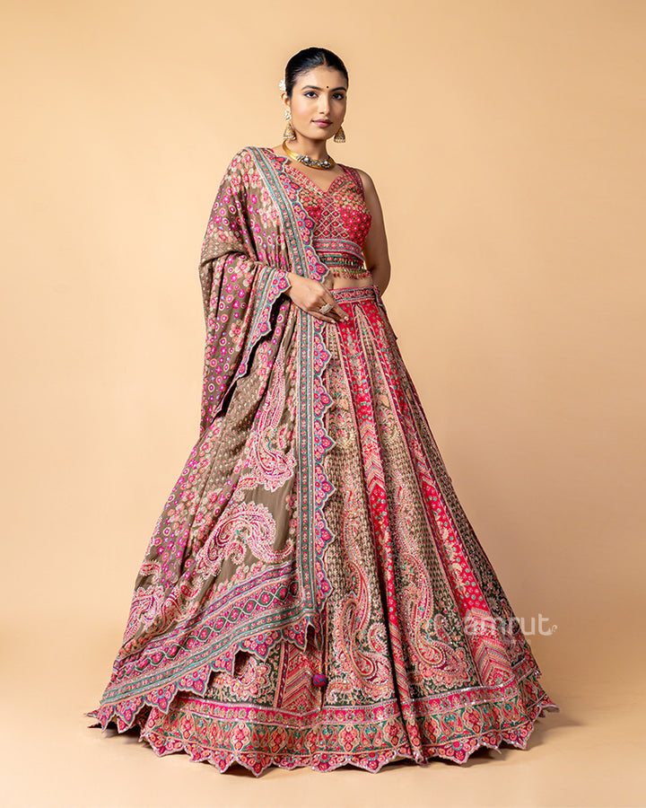 Earthly Brown and Vibrant Pink Lehenga Choli with Zig-Zag Dupatta