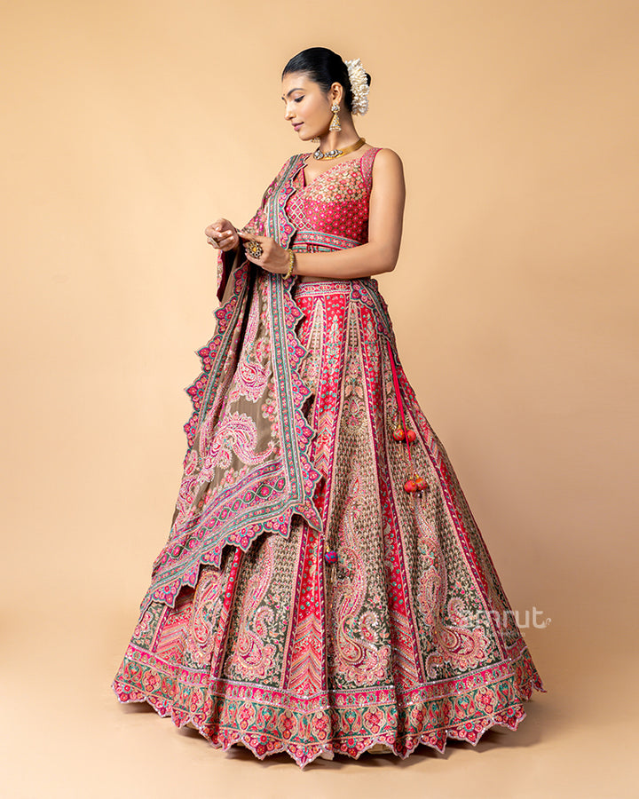 Earthly Brown and Vibrant Pink Lehenga Choli with Zig-Zag Dupatta