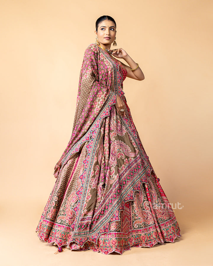 Earthly Brown and Vibrant Pink Lehenga Choli with Zig-Zag Dupatta
