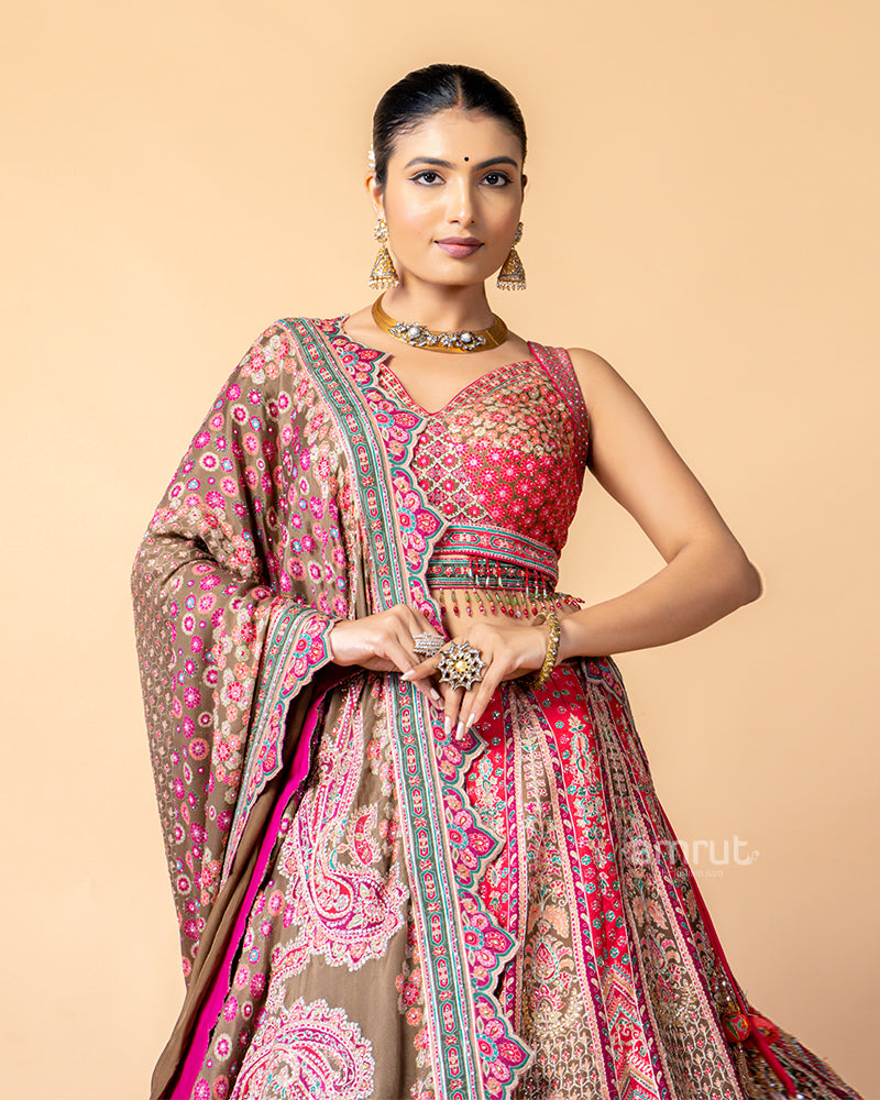 Earthly Brown and Vibrant Pink Lehenga Choli with Zig-Zag Dupatta