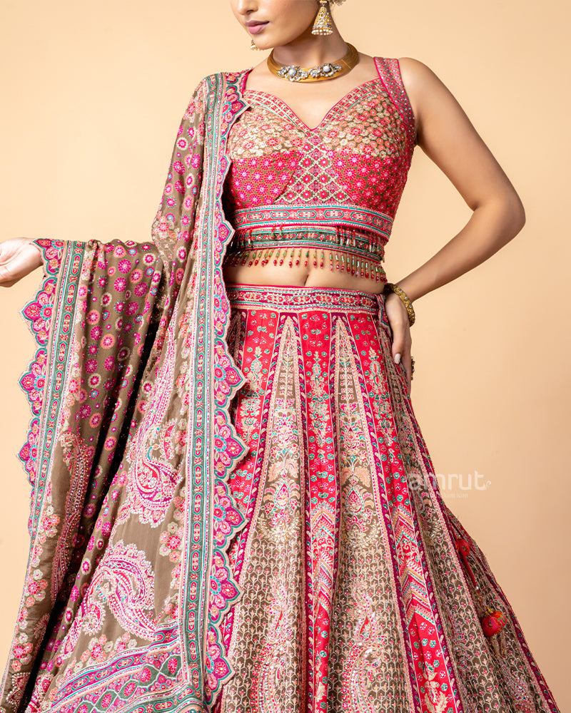 Earthly Brown and Vibrant Pink Lehenga Choli with Zig-Zag Dupatta