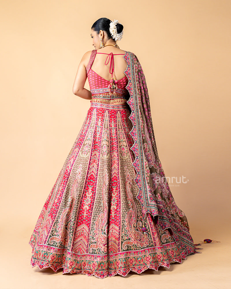 Earthly Brown and Vibrant Pink Lehenga Choli with Zig-Zag Dupatta