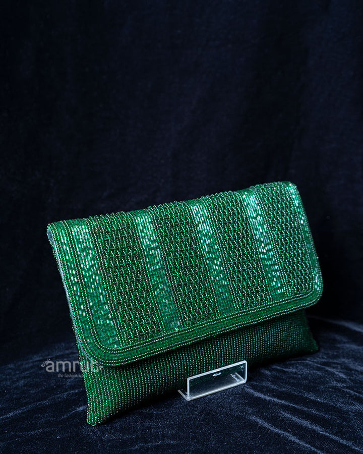 Emerald Green Beaded Flap-Over Clutch Purse 01