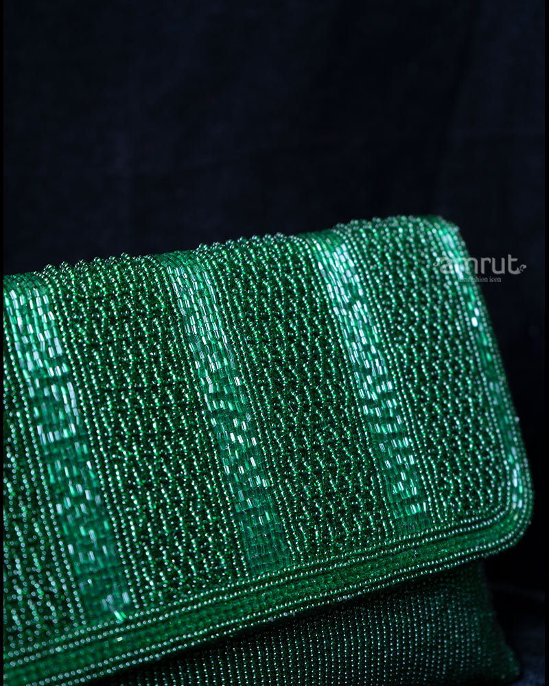 Emerald Green Beaded Flap-Over Clutch Purse 02