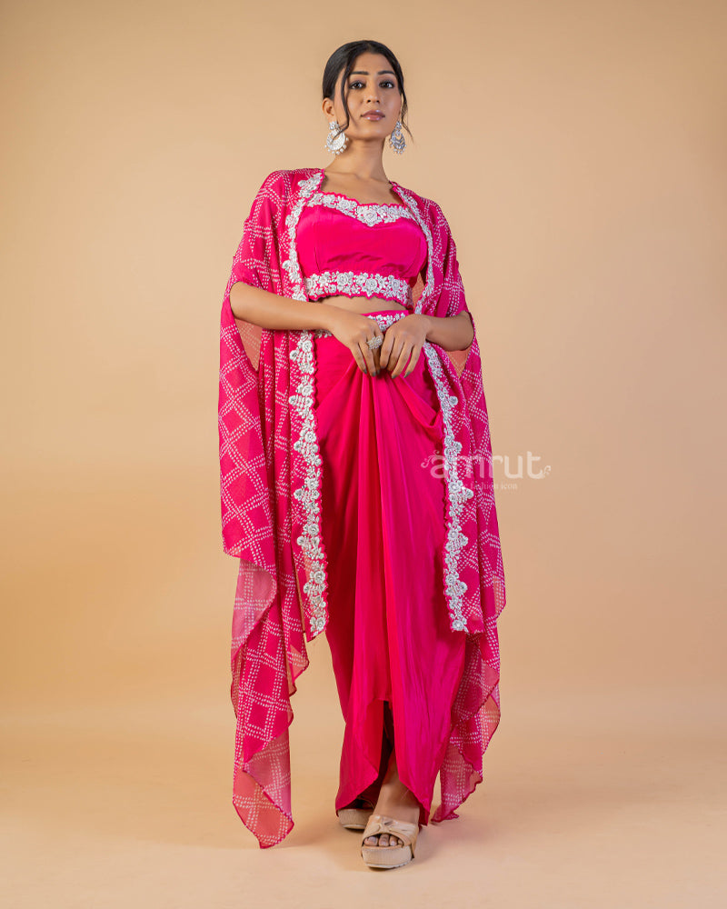 Buy Trendy Pink Draped Skirt Crop-top With Printed Shrug Online