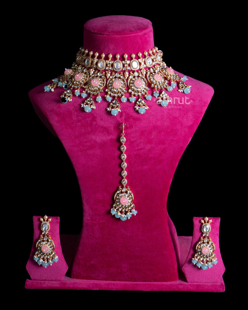 Gold Toned Light Pink Stones and Light Blue Beads Emerald Bridal Jewelry Set