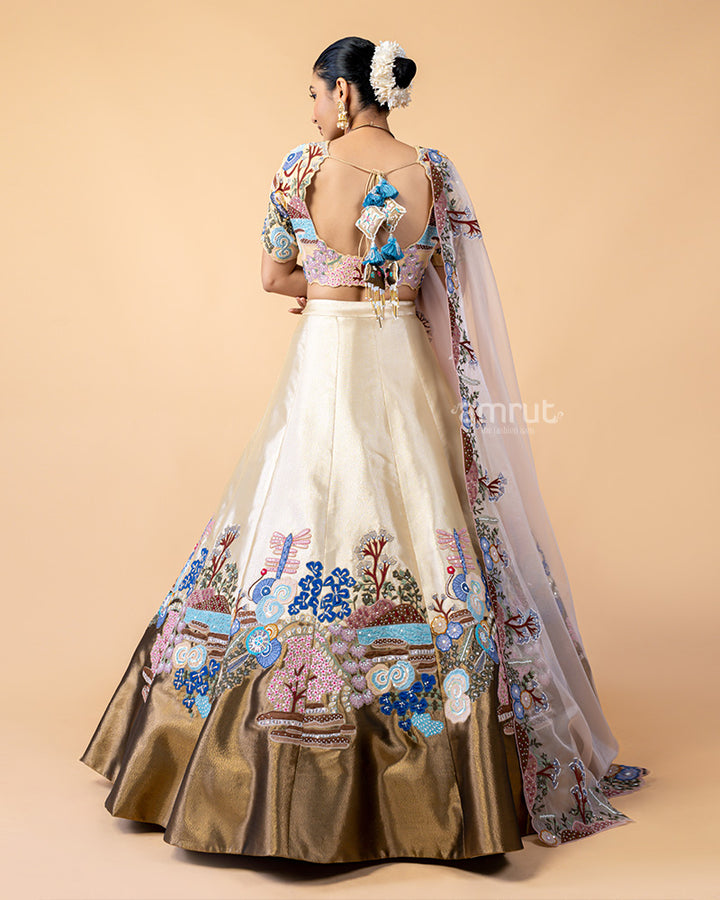 Golden Lehenga Choli with Zardozi Work and Net Dupatta