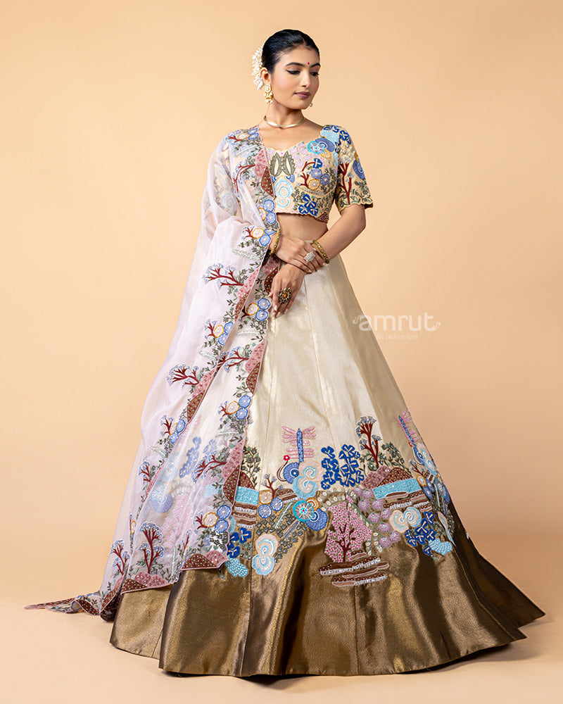 Golden Lehenga Choli with Zardozi Work and Net Dupatta