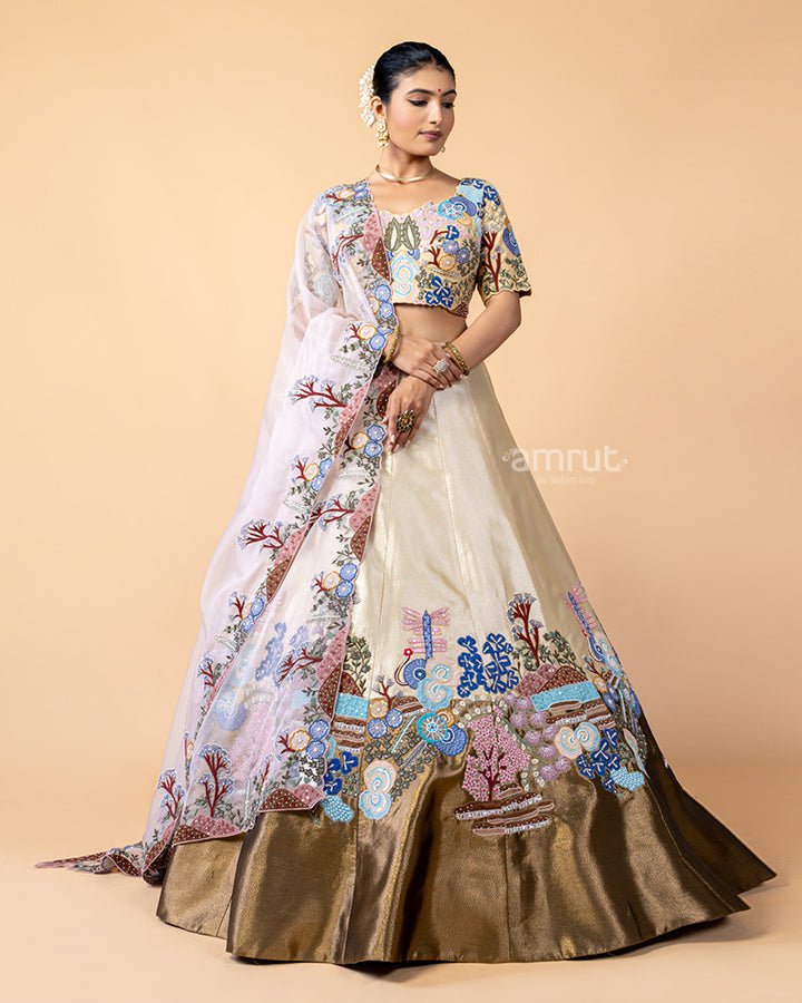 Golden Lehenga Choli with Zardozi Work and Net Dupatta