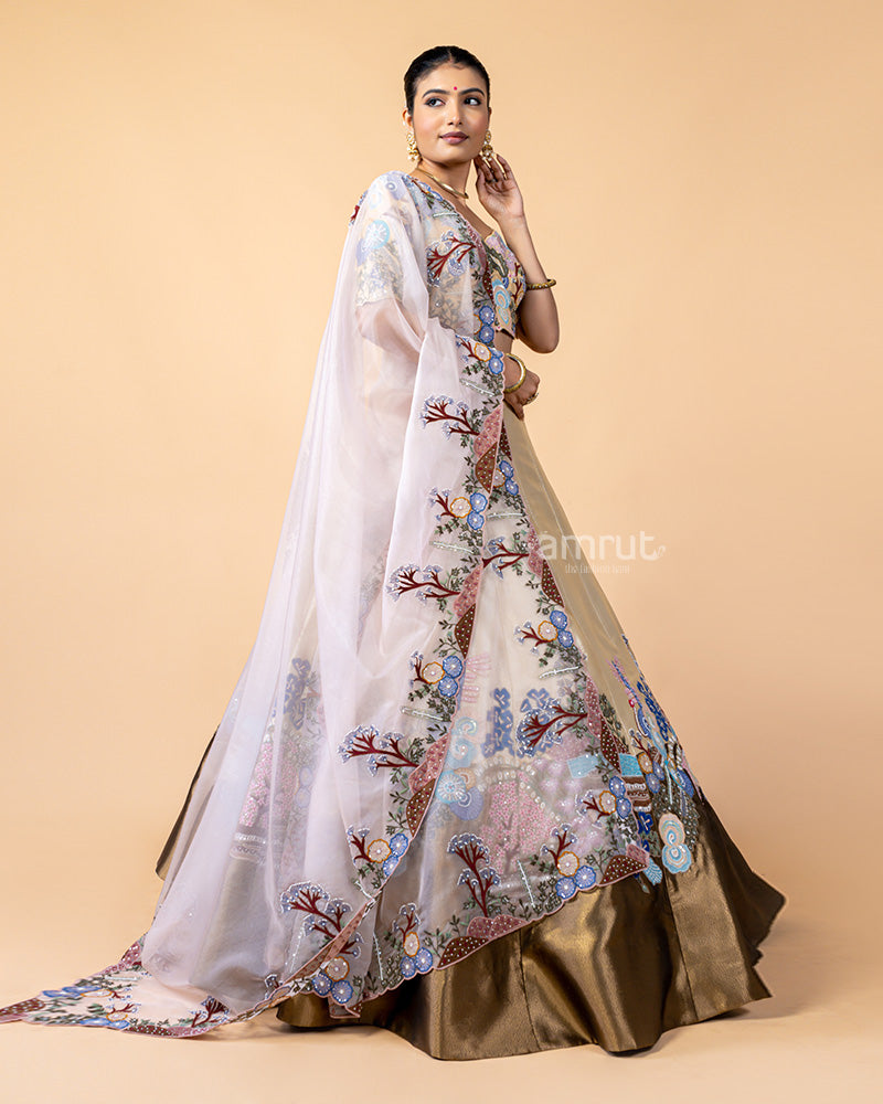 Golden Lehenga Choli with Zardozi Work and Net Dupatta