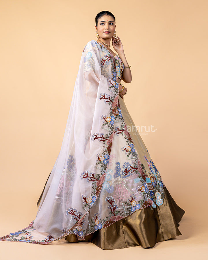 Golden Lehenga Choli with Zardozi Work and Net Dupatta