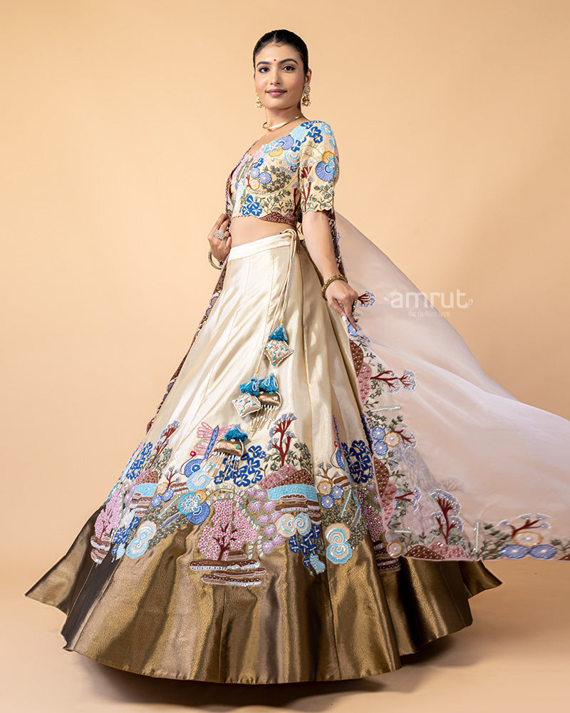 Golden Lehenga Choli with Zardozi Work and Net Dupatta