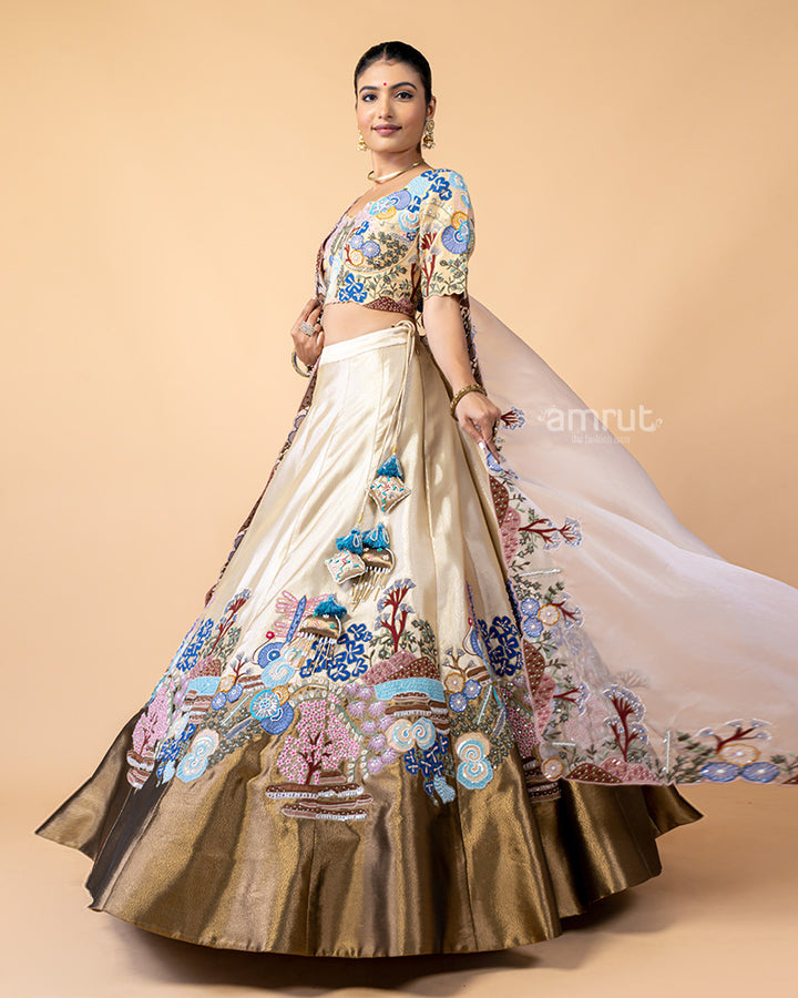Golden Lehenga Choli with Zardozi Work and Net Dupatta