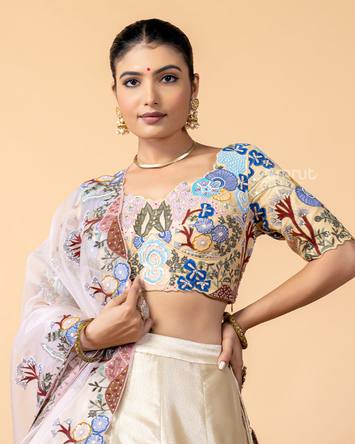 Golden Lehenga Choli with Zardozi Work and Net Dupatta