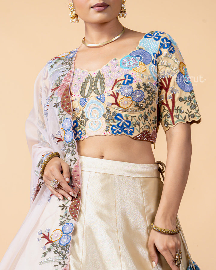 Golden Lehenga Choli with Zardozi Work and Net Dupatta